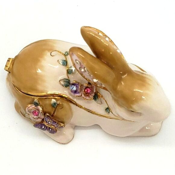 Enamel Vintage Floral Butterfly Bejeweled Rabbit Hinged Trinket Box - Picture 9 of 10